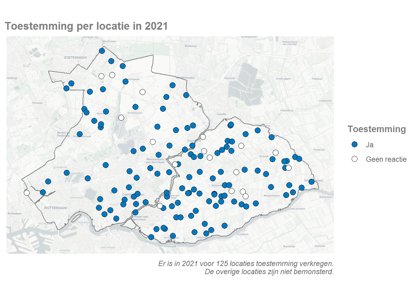 Overzichtskaart met locaties waar toestemming van de visrechthebbenden is verkregen.