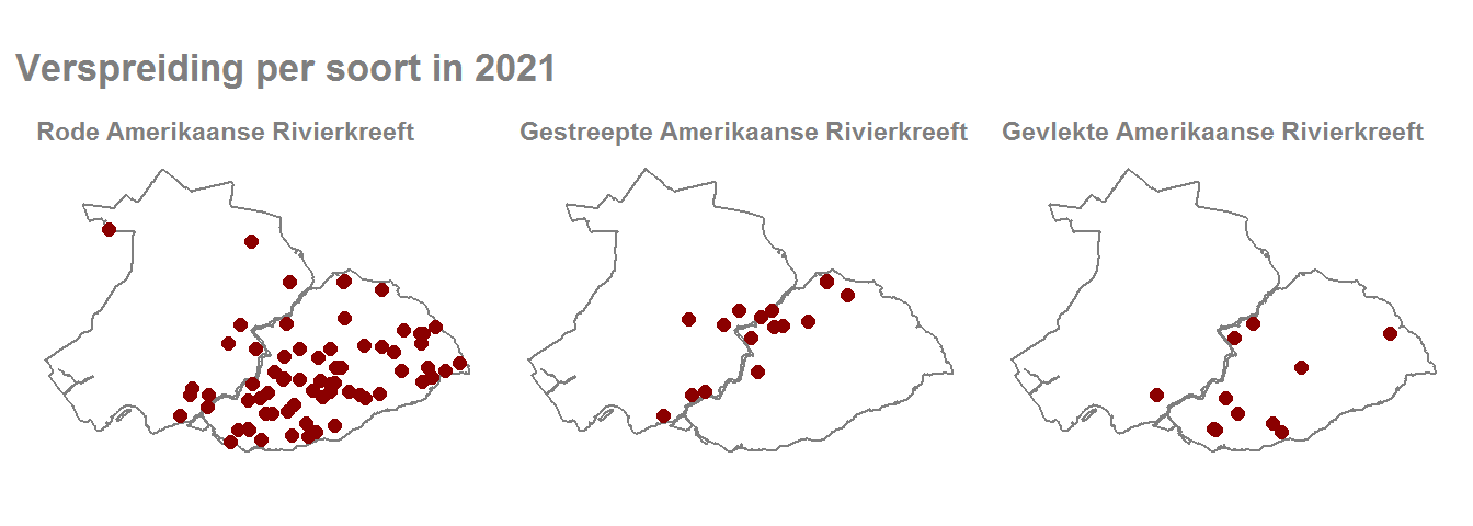 Kaart die toont welke kreeftensoort op welke locatie gevangen is