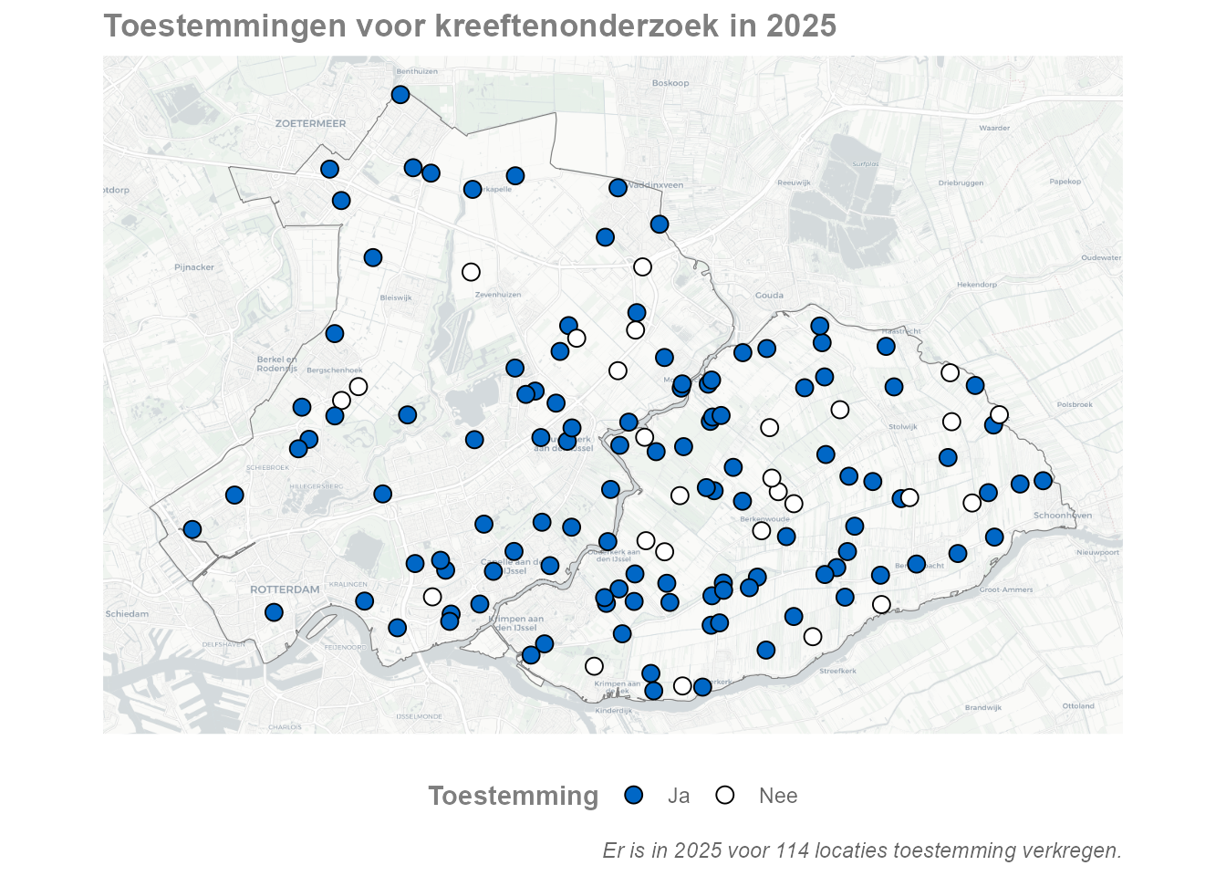 Kaartje van alle meetlocaties en gegeven toestemmingen.