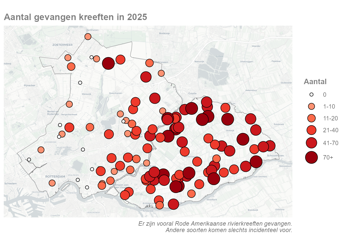 Kaartjes met de vangsten per meetpunt van 2025.