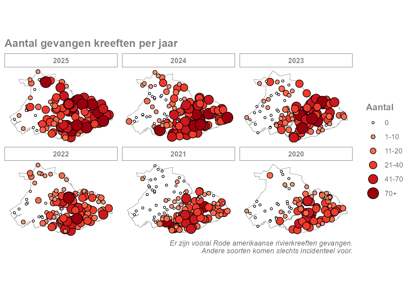 Groep kaartjes met vangsten per jaar.