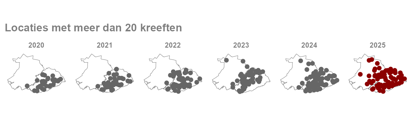kaartje met locaties waar meer dan 20 kreeften zijn gevangen in 2025.