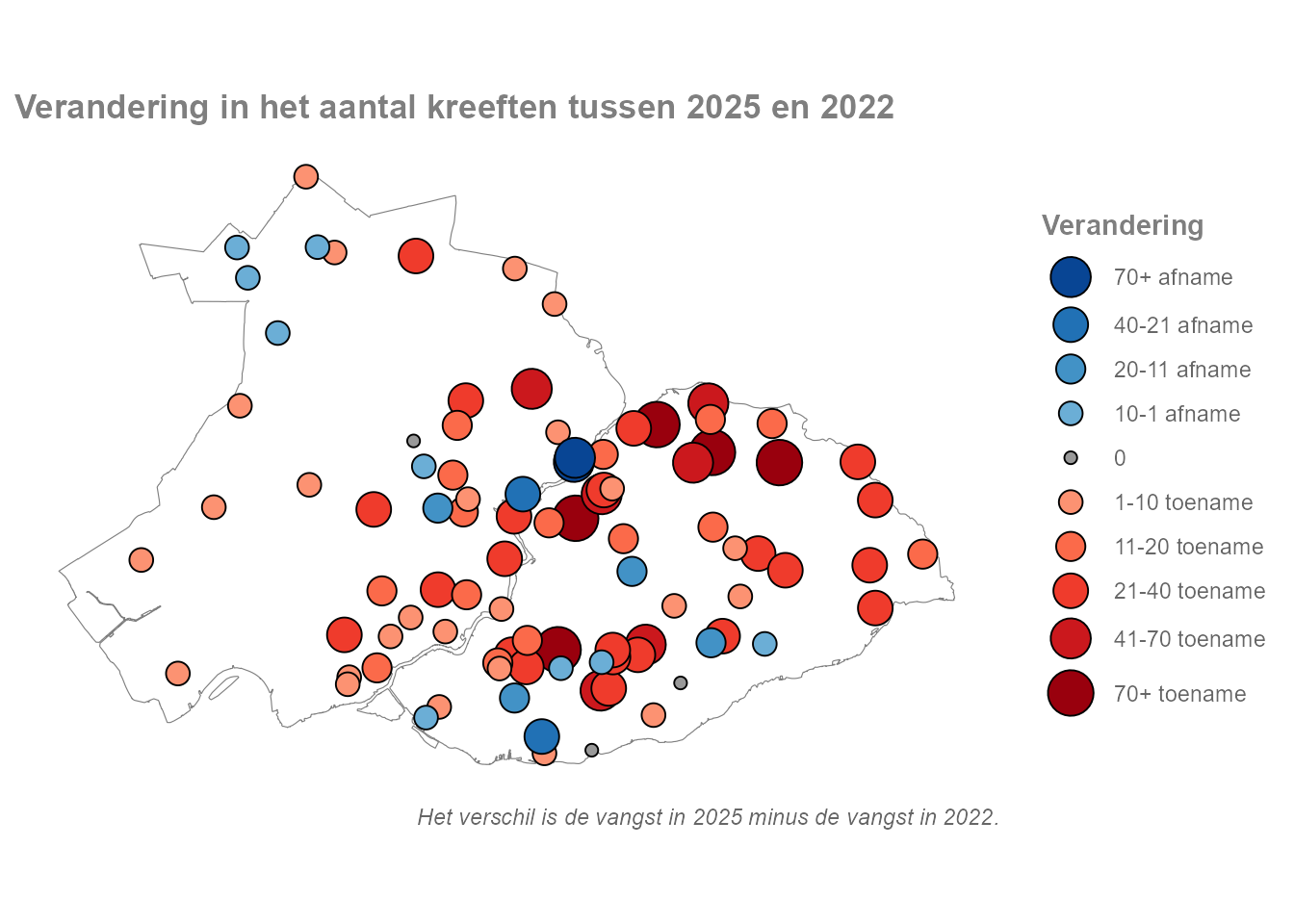 Kaartjes met het verschil in de vangsten tussen 2022 en 2025. 