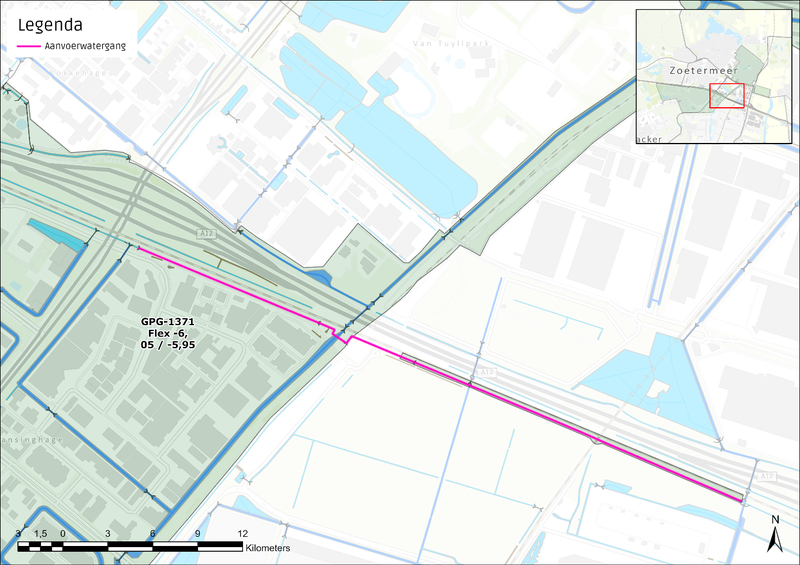 Figuur 11 Detailkaart watergangen voor wateraanvoer uit polder Bleiswijk naar peilgebied Oosterheem Rokkeveen agrarisch (GPG-1371) (roze lijnen)